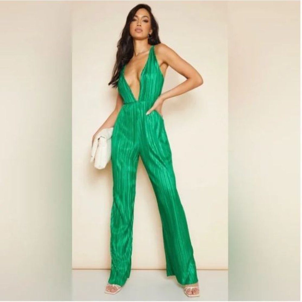 Green plisse plunge strappy jumpsuit - Picture 2 of 7